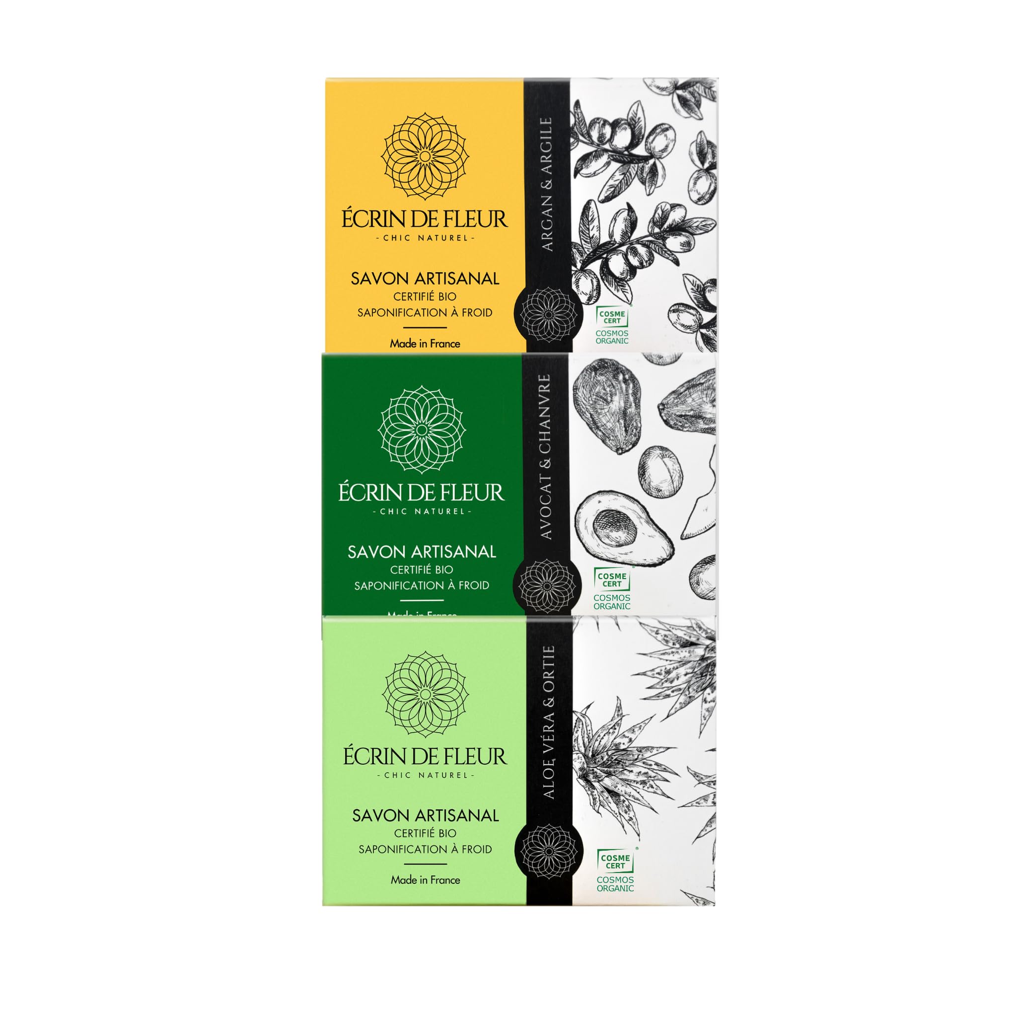 Écrin de Fleur – Organic Artisan Soap Gift Set for Women, Handmade Cold Process, Dual Certified COSMOS & Nature et Progrès, 3x90g Bars