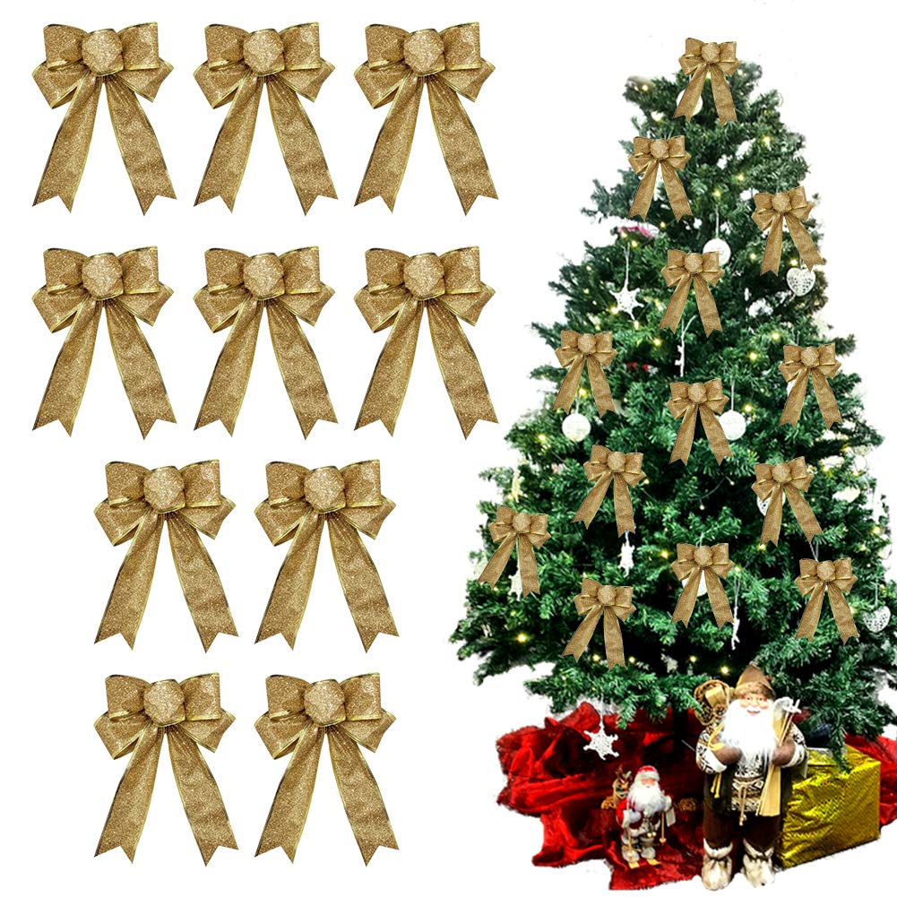 BTGGG 10 Pieces Bows for Presents Christmas Bows Xmas Tree Ornaments Glitter Bowknot Ribbon Christmas Decorations for Presents Box, Party, 25 * 20CM (Gold)