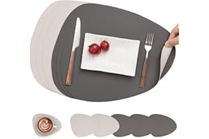 Myir JUN Placemats, Dual-Sided Placemats Waterproof Faux Leather Placemats Set of 6 Place Mats and Coasters Non-Slip Washable Table Mats for Dining Table (Gray Beige, Set of 6)