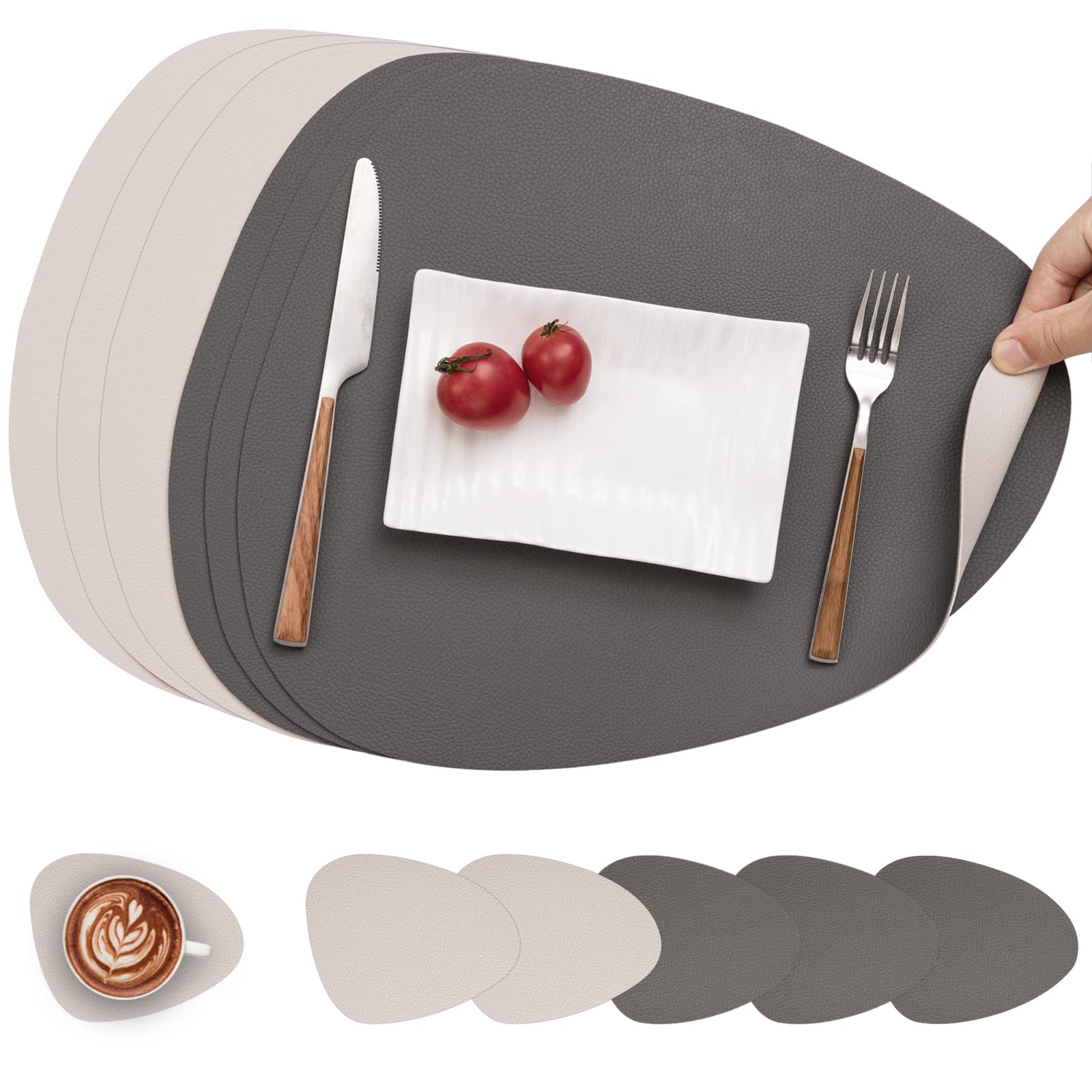 Myir JUN Leather Table Mats and Coasters, Placemat Round PU Waterproof Dual-Sided Kitchen Place Mats Coffee Mats Non-Slip Washable Placemats and Coaster Sets 6 (Set of 6, Gray White)