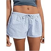 RoseSeek Women's Striped Shorts Print Drawstring Elastic Waist Shorts Casual Wide Leg Low Rise Summer Boxer Shorts