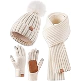 Winter Beanie Hat Scarf Gloves Set for Women, Womens Beanie with Pom Pom Long Scarf Neck Warmer Touchscreen Gloves 3 in 1 Set