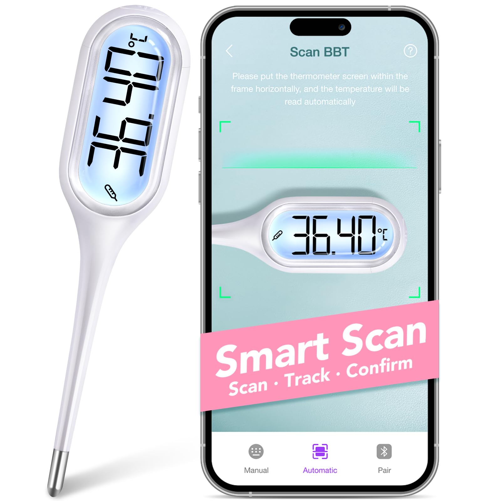 Digital Basal Body Temperature Thermometer Dual Modes: Easy@Home Fertility Thermometer with Backlight LCD Display, Premom APP | Ovulation Tracking & Charting | 1/100th Degree High Precision