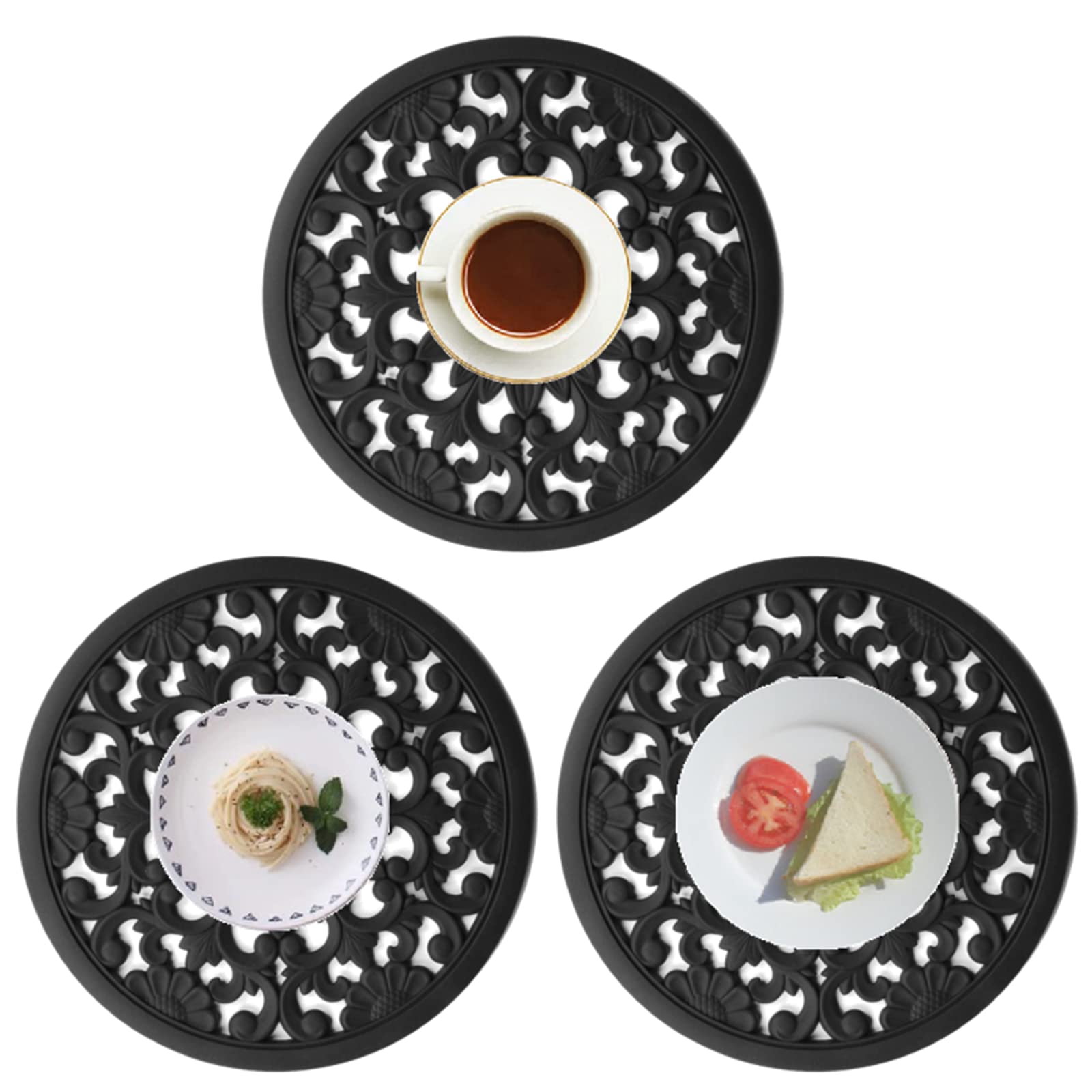 Deyiis Place Mats, PVC Place Mats, 3Pcs Decorative Round Table Pad, Washable Place Mats, Heat Resistant Hollow Insulation Coaster Sets, Heat Resistant Placemats for Christmas Wedding Decor Black