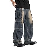Idopy Washed Vintage Loose Fit Baggy Street Style Hip Hop Cargo Jeans Denim Pants
