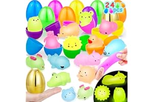 AMENON [ 1 Golden Egg ] 24 Pcs Easter Eggs Filled with Glow in The Dark Mochi Squishies Toys Bunny Stress Relief Fidget Toys Easter Basket Stuffers for Toddlers Kids Easter Egg Hunt Party Favor School Prize