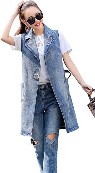 Amazon S Xiny ロング ベスト レディース デニム カーディガン Vネック ボタン 無地 ゆったり リネン カーデ ノースリーブ トップス シンプル カジュアル ファッション カーディガン ボレロ 通販