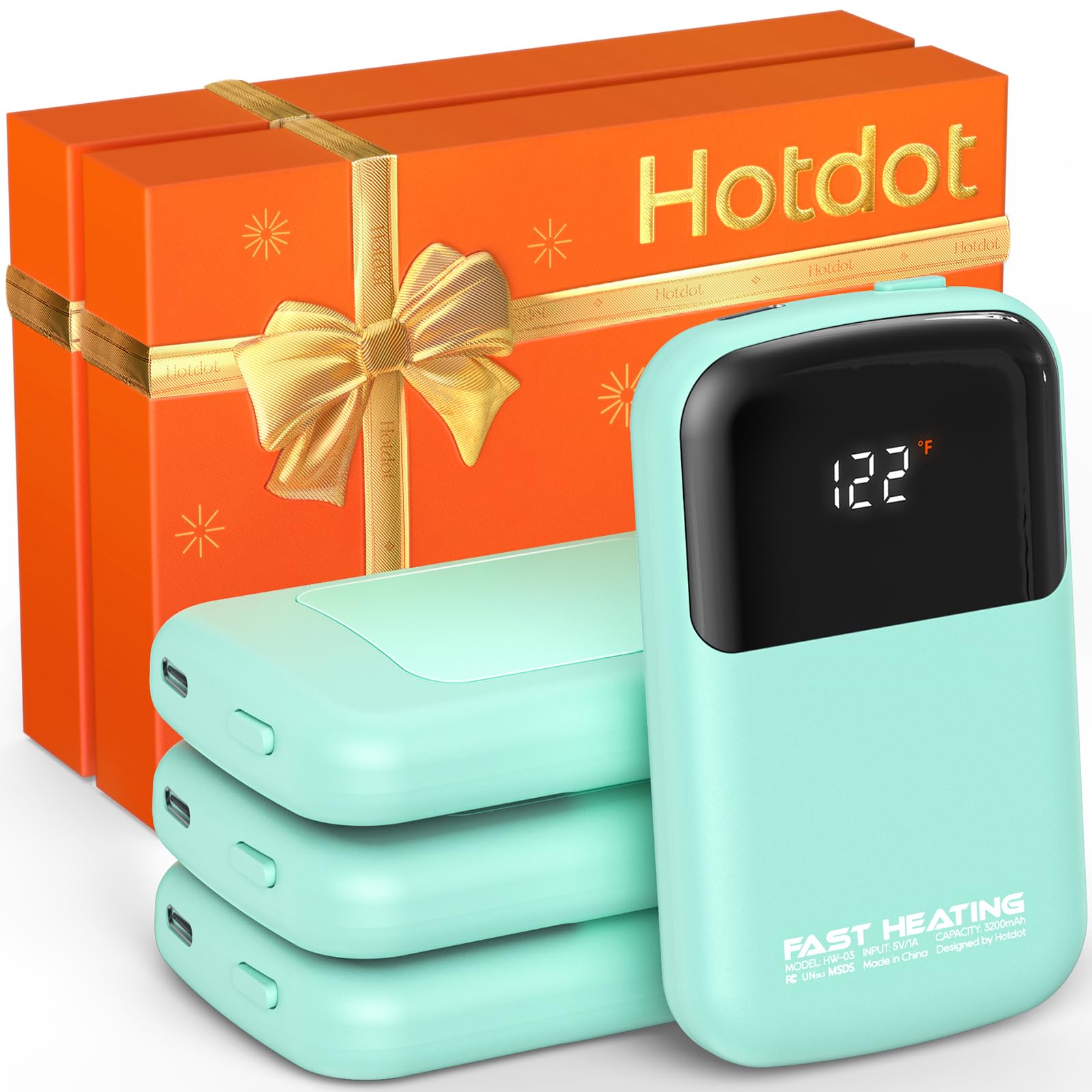Photo 1 of Hotdot AI Hand Warmers Rechargeable with Gift Box, 4 Pack Portable Electric Hand Warmer with LED Display Battery and Temperature, Fast Heating, for Men, Women, Hunting Camping Cyan