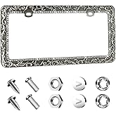 Valor Gel Metal Car License Plate Frames,Antique Old Pattern Printing, Bling Crystal Rhinestones Inlaid,Universal 2 Holes Automotive Replacement Parts Plate Holder(1 Pack)