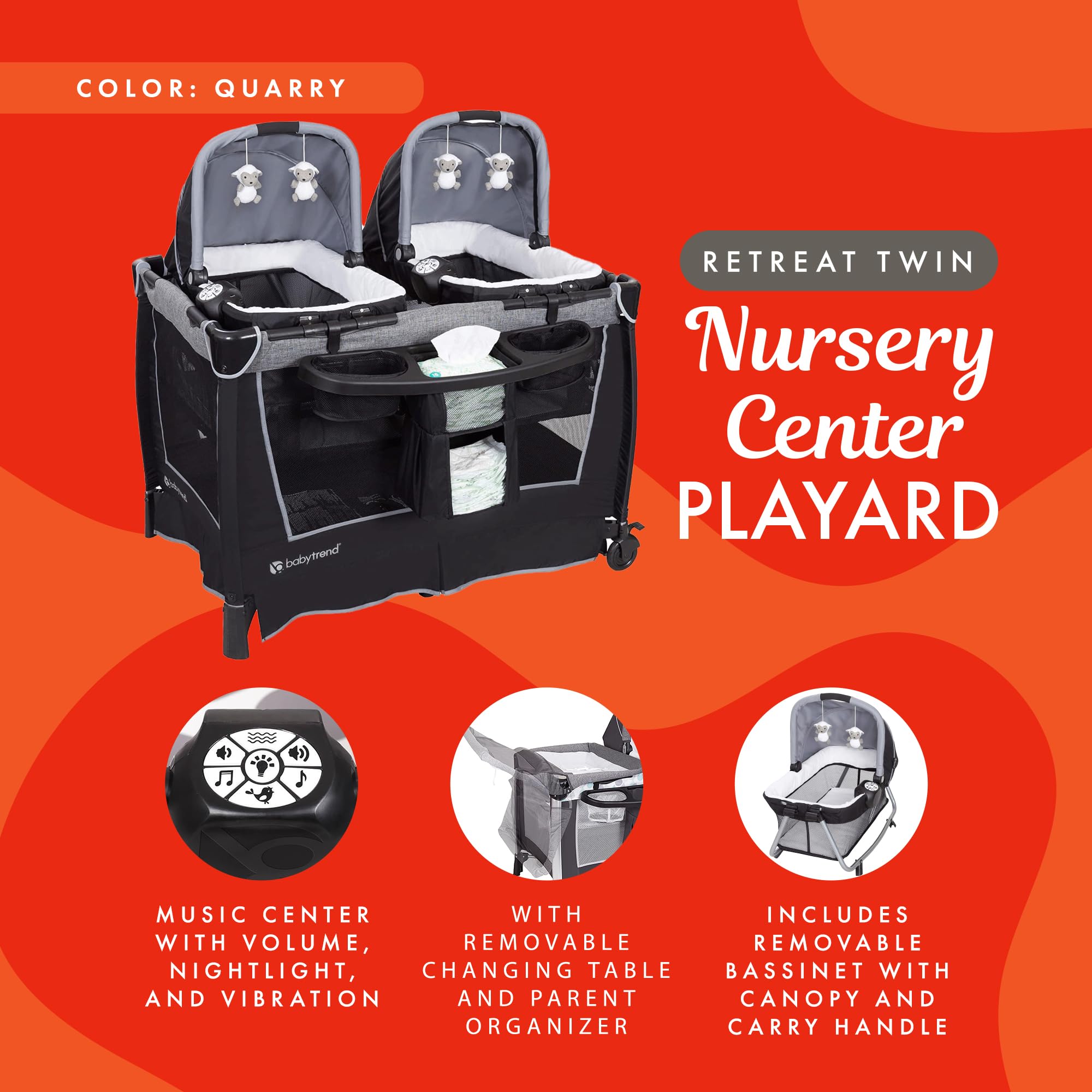 Baby Trend Retreat Nursery Center with Two Removable Rock A Bye Bassinets, Changing Table, Organizer, and Music Center with Nightlight, Quarry