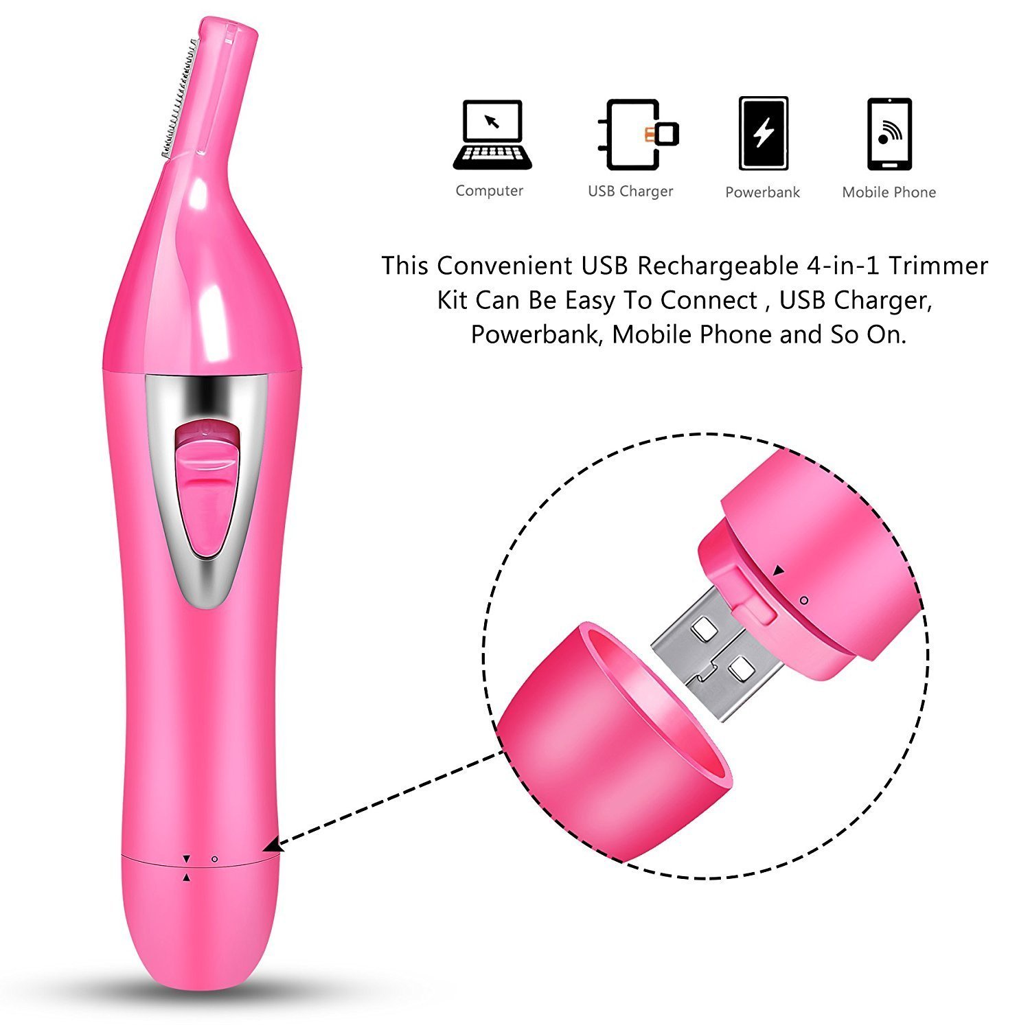 Hair Removal for Women, 4 in 1 USB Rechargeable Nose Hair Trimmer,Eyebrow Trimmer Hair Trimmer Shaver For Ladies,Wishesport Ear Hair Trimmer,Beard Trimmer,Sideburns Trimmer,Eyebrow Trimmer Pink