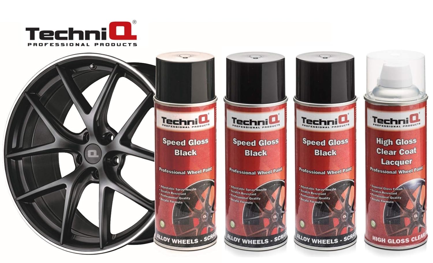 TechniQ Speed Black Gloss Alloy Wheel Paint Kit 400ml x 3 Cans + High