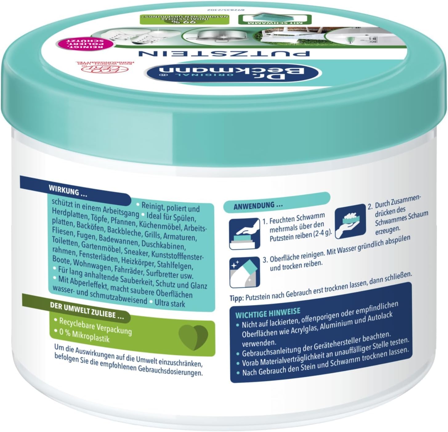 Dr. Beckmann Putzstein | Universalreiniger für den ganzen Haushalt | inkl. Putzschwamm | 550 g 4