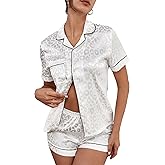 OYOANGLE Women's 2 Piece Satin Pajamas Set Leopard Button Shirt Shorts Set Loungewear