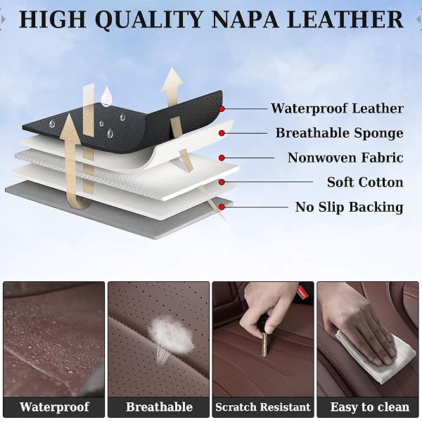 COVERADO FRONT AND BACK CAR SEAT COVERS, LEATHER SEAT COVER FOR CARS, AUTOMOTIVE SEAT COVER FULL SET, WATERPROOF UNIVERSAL SEAT COVER, LUXURY CAR SEAT PROTECTOR SEAT CUSHION FIT MOST CARS, COFFEE