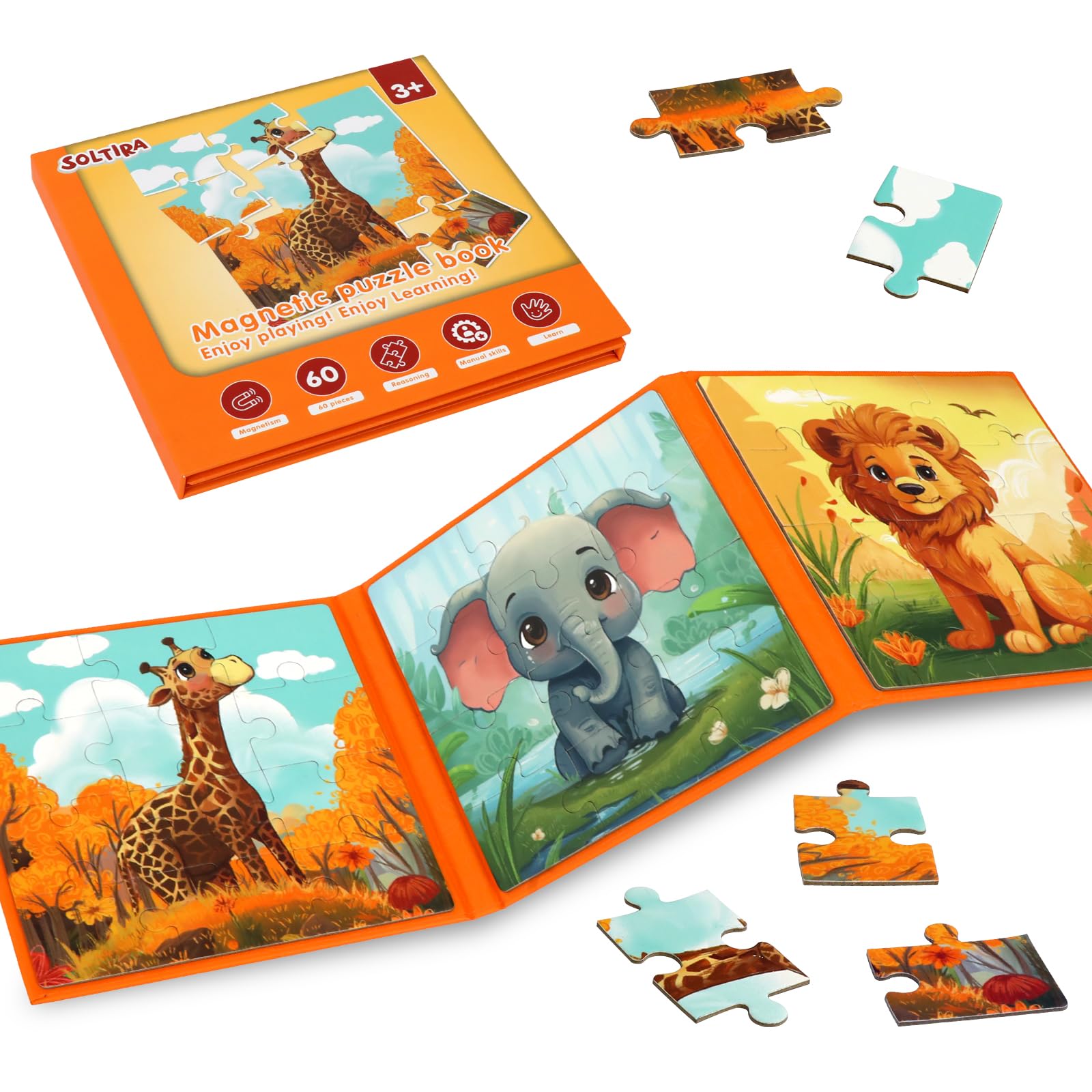Puzzles for Kids 3 4 5 Animal Themes(Lion/Giraffe/Elephant, 9-12-20PCS), Magnetic Puzzles for 3-5 Year Olds Kid, 3 4 5 Years Old Kid Gifts, Travel Activities for Children, Birthday Presents for Kids