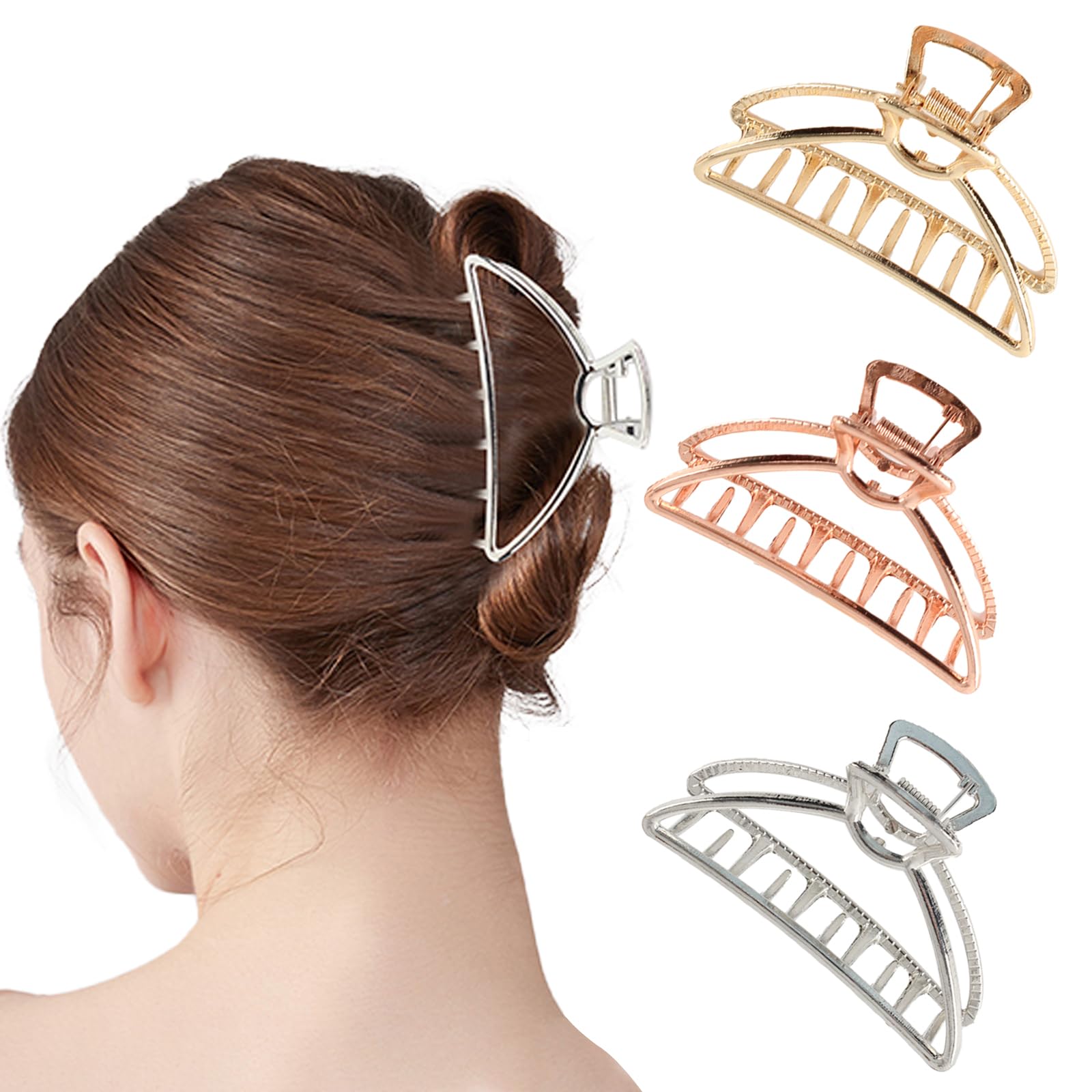 VinBee Metal Hair Clips - Claw Clips for Women Thick Hair - Claw Clips Strong Hold - Lightweight and Non-Slip for Thick Thin Hair, Curly Hair and Short Hair - Gold, Silver, Rose Gold 3 Pcs