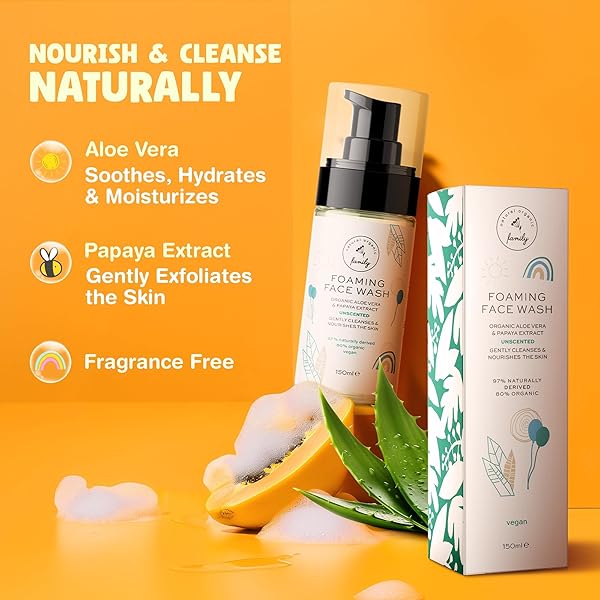 THE NATURAL AND ORGANIC FAMILY KIDS FOAMING FACE WASH – CLEAN AND GENTLE FACE WASH FOR KIDS AND PRETEENS – MADE IN THE UK – UNSCENTED