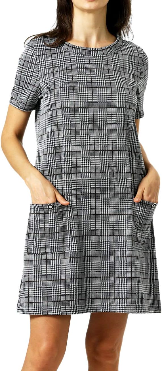 FITNEXX Women's Causal Plaid Short Sleeve Dress Scoop Neck Swing Loose Tunic Midi Dress with Pockets Workwear Dress