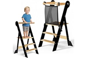 COSYLAND Pre-Assembled Foldable Toddler Kitchen Stool Helper –Toddler Standing Tower with Safety Net, Adjustable Heights & Anti-Tip Feet for Safe Kitchen Fun(Natural & Black)