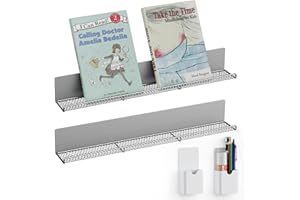 DTUQYX Metal Magnetic Book Shelf: Book Display Shelf 2 Pack Strong Adsorption with 2 Pen Containers, Durable Magnetic Shelves for Classroom, Movable Office File Book Holder, Fridge Shelf (Grey Mesh)