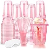 16oz Disposable Stemless Glasses With Dome Lids and Straws,PET Disposable Drinking Cups,Clear Plastic Wine Glasses for Parties Birthday,Wedding,Meeting,Christmas Party Supplies (100, Pink)