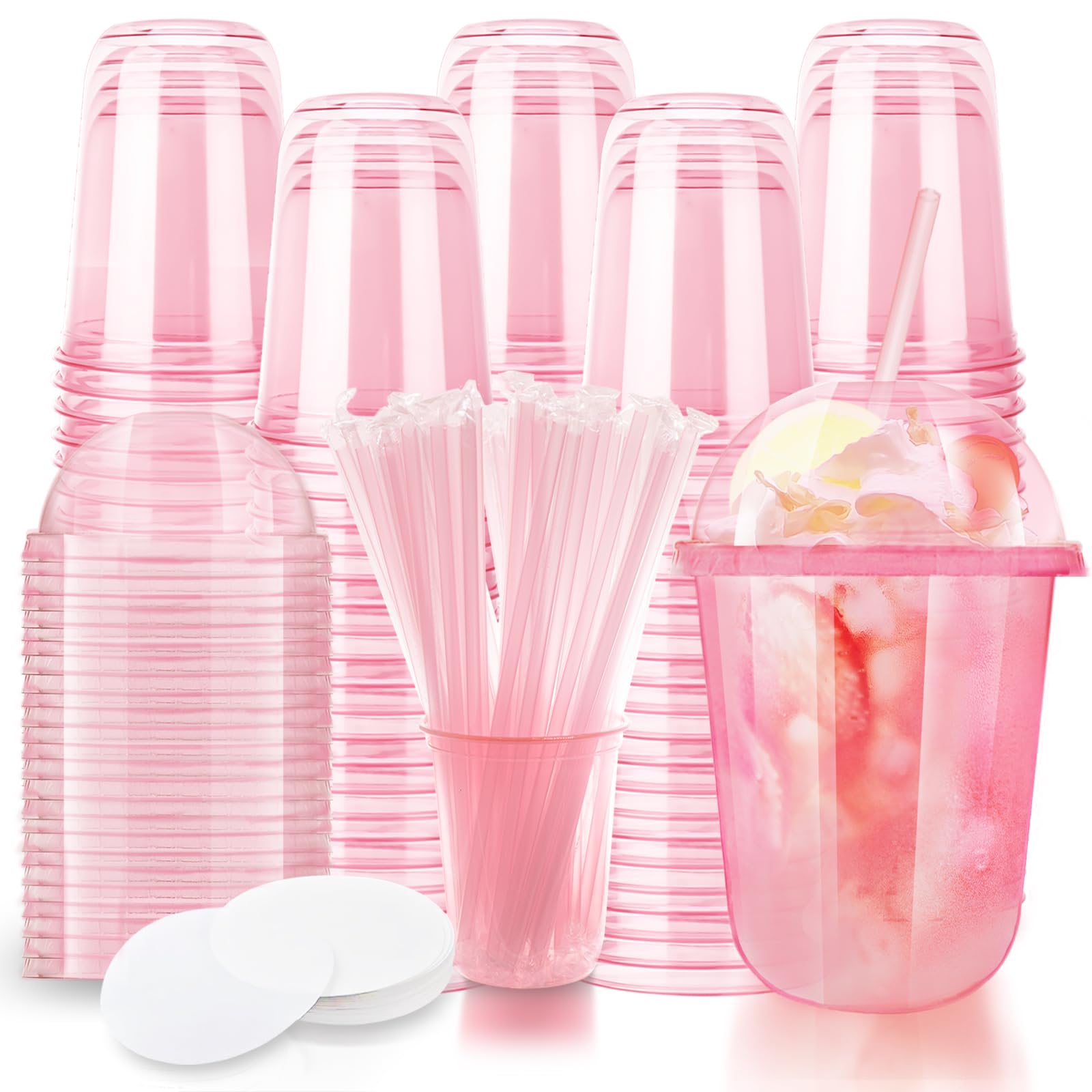 Photo 1 of 16oz Disposable Stemless Glasses With Dome Lids and Straws,PET Disposable Drinking Cups,Clear Plastic Wine Glasses for Parties Birthday,Wedding,Meeting,Christmas Party Supplies (100, Pink)