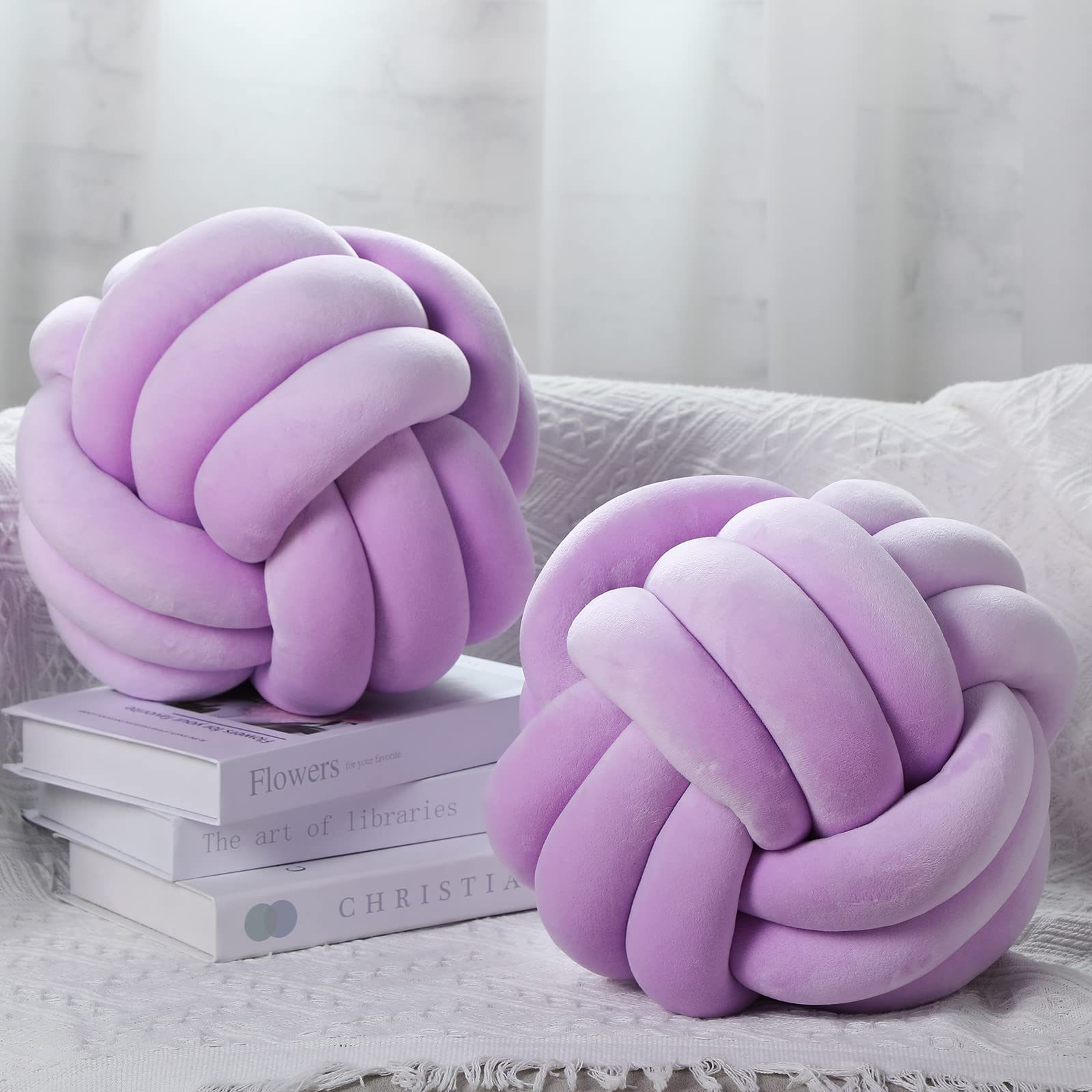 Photo 1 of 2 Pieces Knot Ball Pillows Round Plush Aesthetic Cushion Pillows Soft Stress Relieving Cute Decorative Knotted Pillows for Kids Bed Sofa Bedroom Decor (Light Purple, 10.6 Inches)