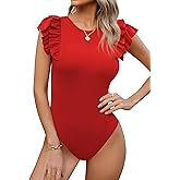 Missufe Women's Round Neck Ruffle Flutter Sleeve Slim Fit Ribbed Knit Casual Summer Bodysuit Tops