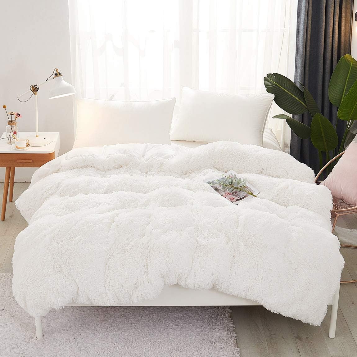 JAUXIO Luxurious 1PC Faux Fur Duvet Cover Plush Shaggy Bed