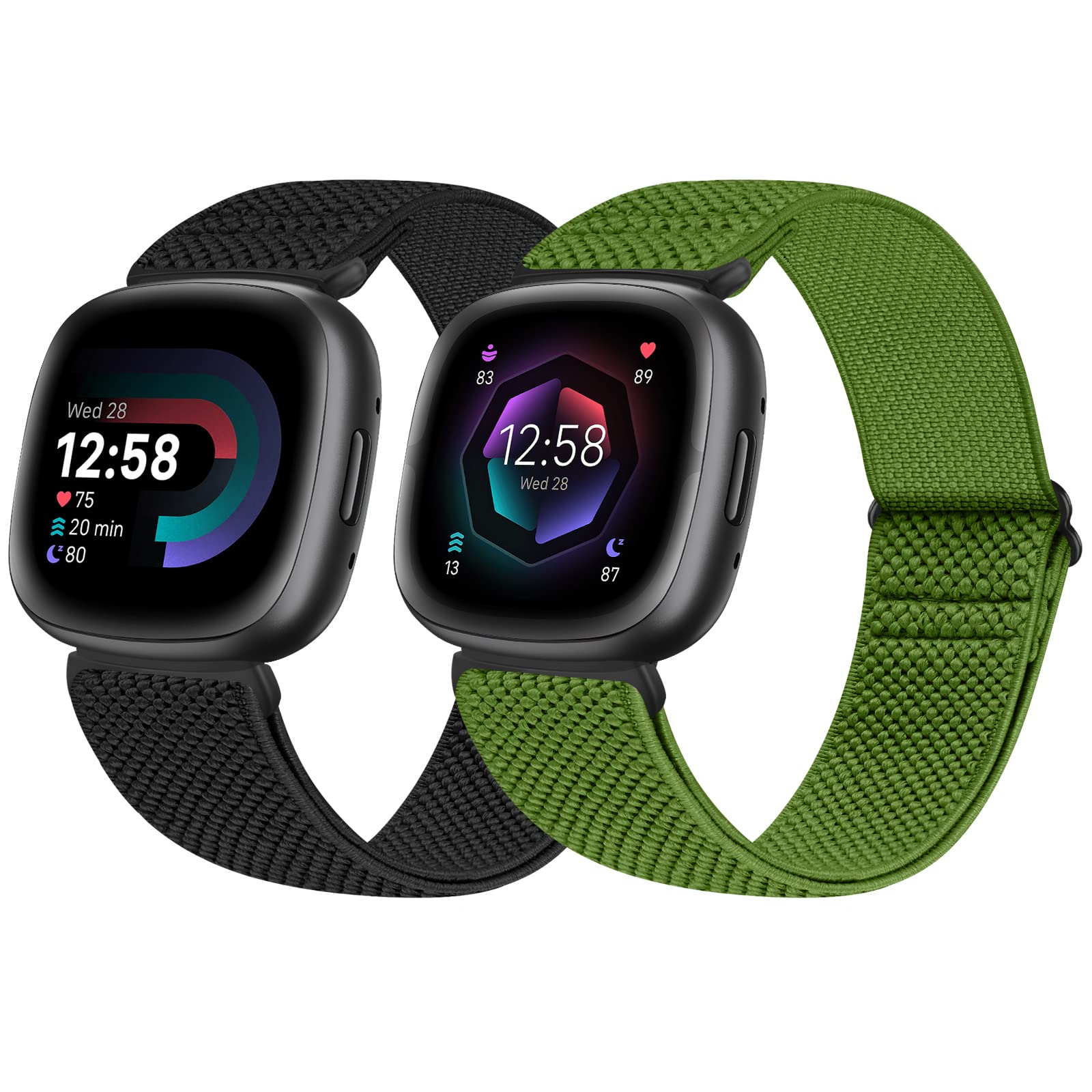 enkic 2 Pack Elastic Watch Strap - Compatible with Fitbit Versa 4/Sense 2, Nylon Loop Sport Stretchy Wristband for Men & Women, Black+Army Green