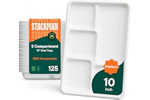 STACK MAN 100% Compostable, 5 Compartment, Disposable Paper Plates [125-Pack] - {PFAS Free} - {BPA Certified} - [10 Inch] Heavy Duty Biodegradable Bagasse Sectional Lunch Trays + Dividers - Divided Platter Tray