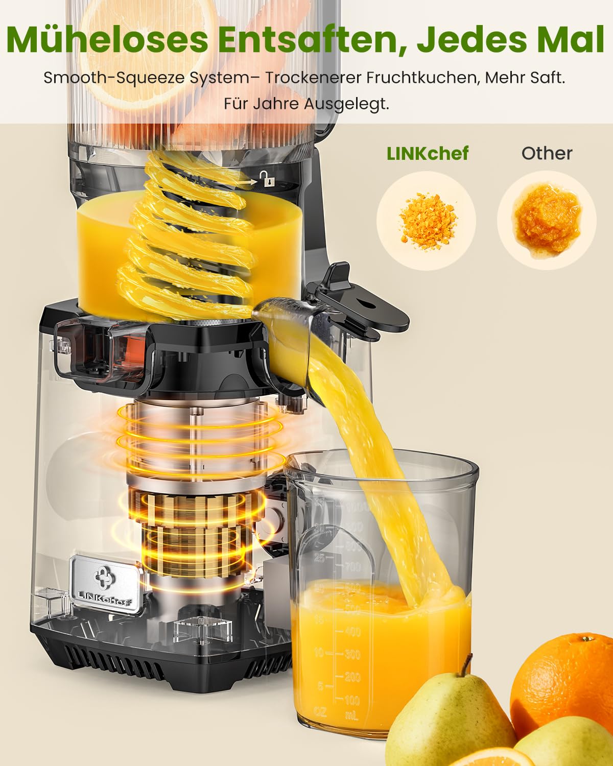 LINKChef Entsafter Slow Juicer, Entsafter Gemüse und Obst Testsieger, 130MM Öffnung und 1,8L Juicer Machine mit Umkehrfunktion, Einfache Installation, Leicht zu Reinigen, 100% BPA Frei, 250W 3