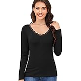 Ganado Long Sleeve Shirts for Women Lace V Neck Thermal Shirt Fitted Basic Tops Plain Layering Undershirts