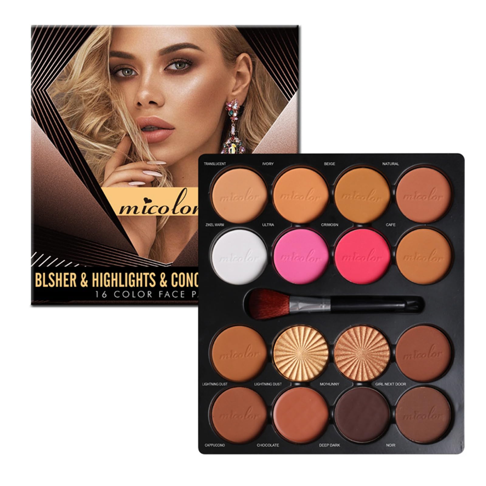 Dynaeuty 16 Colors Blush Contour Highlighter Makeup Palette with Brush, Matte Face Blush Powder for Cheek, Bright Shimmer Bronzer Professional Facial Beauty Makeup Blushes Set