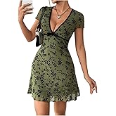 SHENHE Women's Y2k Floral Print Deep V Neck Short Sleeve Fit and Flare Vintage Mini Dress