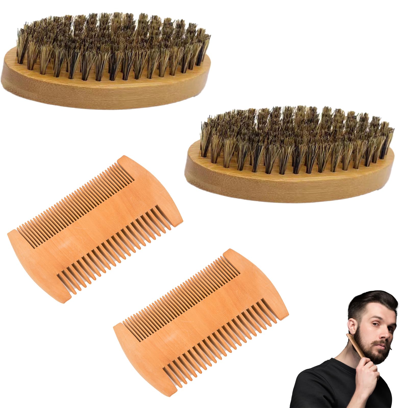 Mystiqut 4 PCS Men's Hair Brush Boar Bristle Beard Brush Beard Combs for Men Hair Brush Men Mens Hair Brush Mens Hair Brush Set Wooden Beard Comb for Combing Beard Hair, Removing Debris, Massages Face
