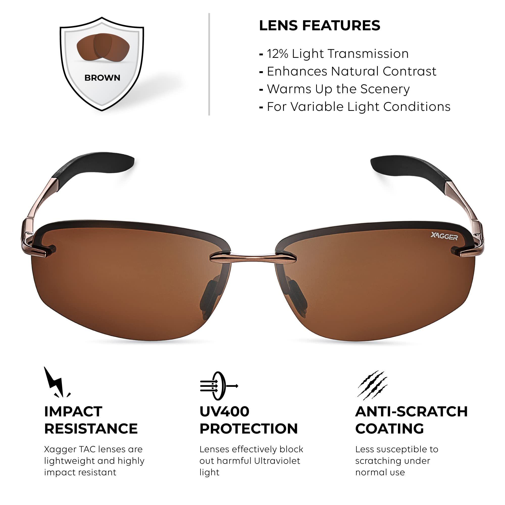 Xagger Polarized Driving Sunglasses for Men Rimless Metal Frame UV400 Protection Sun Glasses