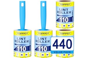 TOPPOT Lint Roller, 440 Sheets Lint Rollers for Pet Hair Extra Sticky, Lint Roller for Clothes, pet Hair, Couch, Carpet, Dog & Cat Hair Remover with 2 Handles and 4 Refills, Lint Roller Refills.