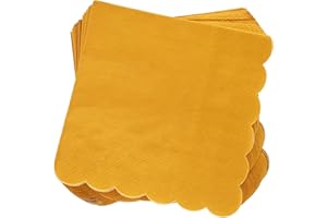 100 Pack Mustard Yellow Paper Napkins - Scalloped Cocktail Napkins, Disposable for Wedding, Birthday Party (5x5 in)