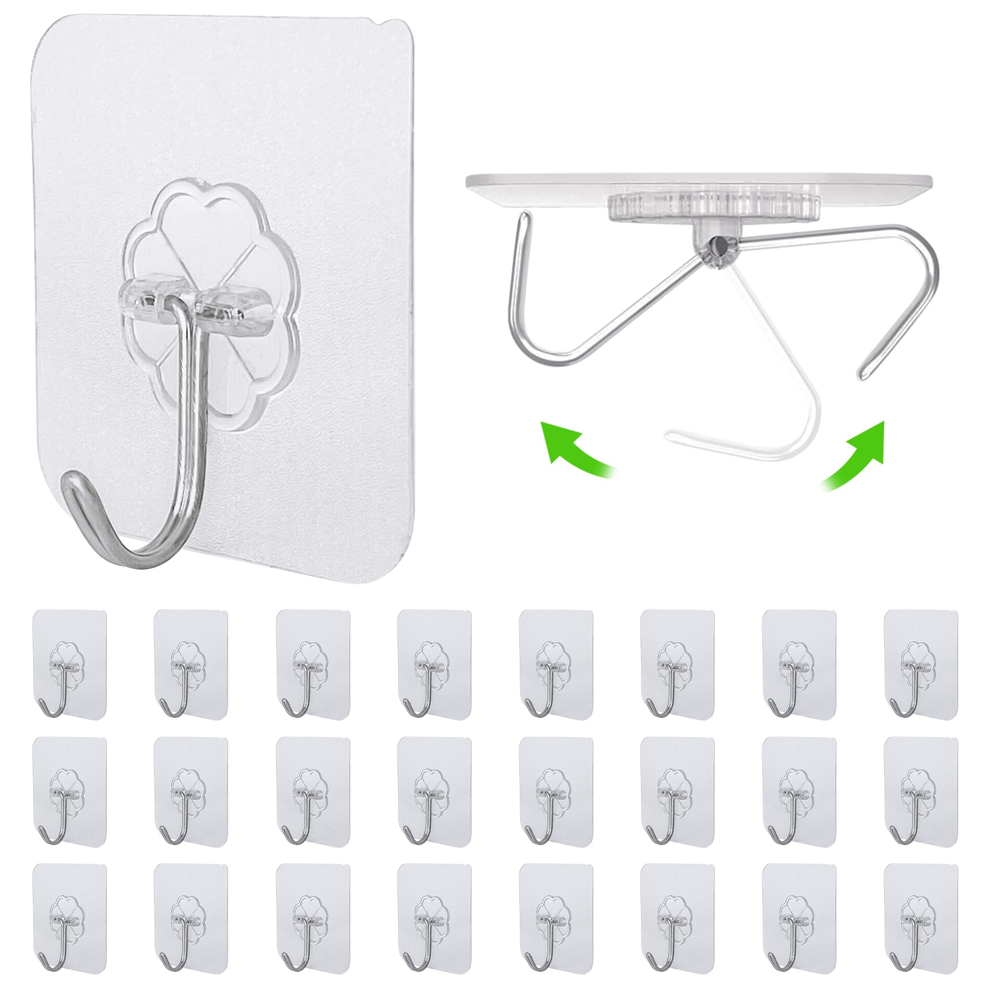 Photo 1 of 24 PCS Self Adhesive Hooks for Hanging - 33lbs Max, Transparent Stick on Hooks for Coat & Towel - Sticky Hooks for Hanging Heavy Duty Picture, No Damage Wall Hook for Bathroom, Kitchen, Ceiling & Key