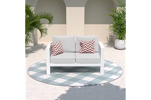 Amopatio Oversized Patio Furniture Aluminum Loveseat, All-Weather Outdoor 2 Seats Sofa Couch, Modern Metal Chair w/ 5 Inch Cushions, White and Light Grey (Include Waterproof Sofa Covers)