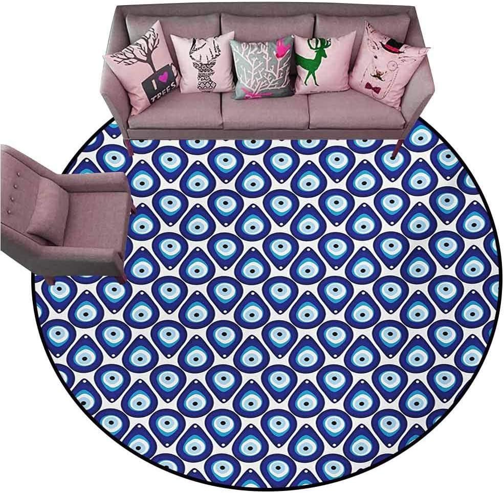 Kitchen Room Floor Mat Rug Colorful Evil Eye,Water Drops Inspired Shape Up and Down Luck Charm Vivid Tile Design,Blue Pale Blue White Diameter 48" Round Outdoor Camping Rugs