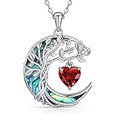 Distance Tree of Life Birthstone Necklace for Women, S925 Sterling Silver Premium Abalone Shell Moon Pendant, Heart Birthstone Necklace Christmas Anniversary Jewelry Birthday Gifts for Her Mom Wife