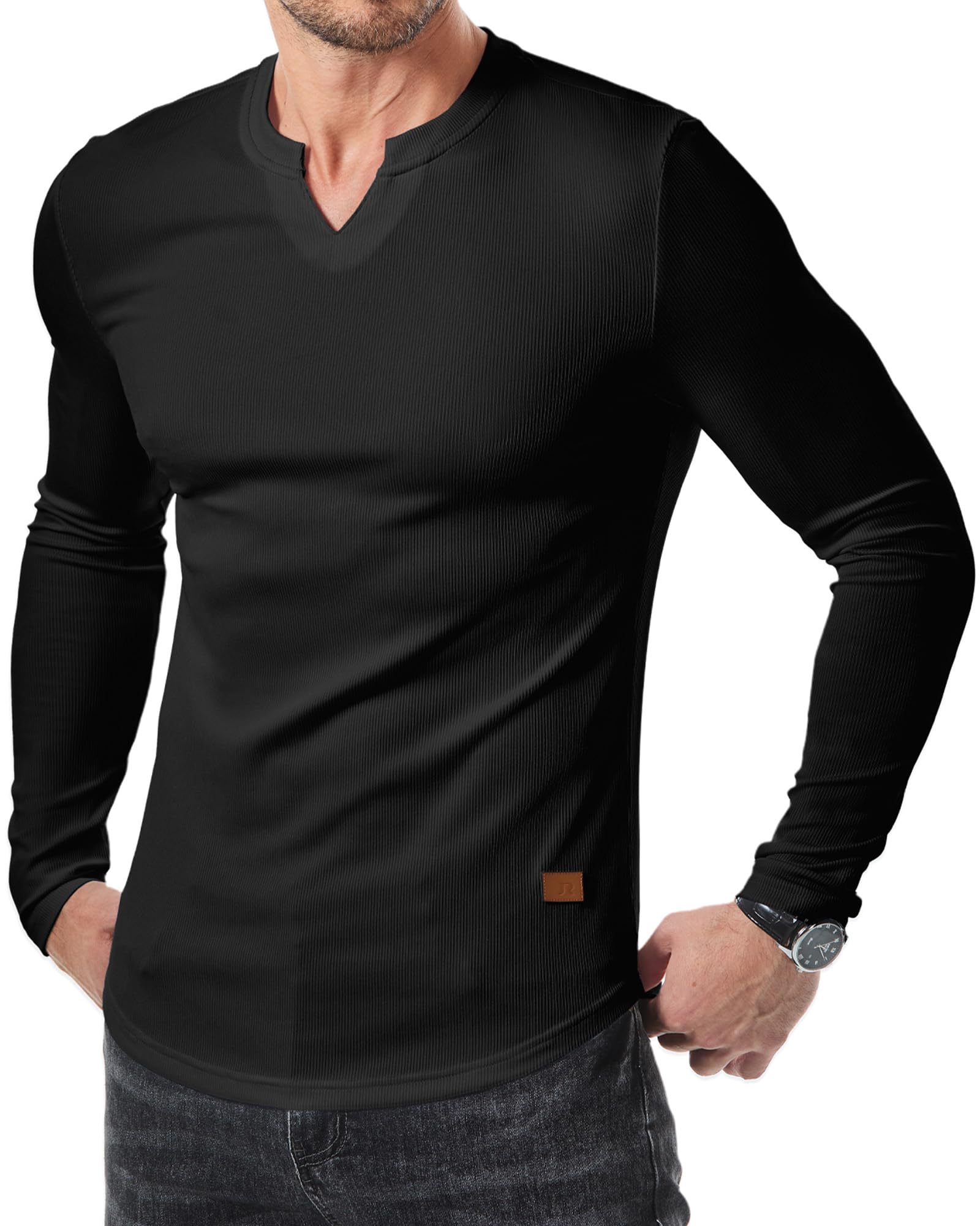 JMIERR Mens Long Sleeve Muscle T Shirts Casual V-Neck Longline Ribbed Tee Shirts