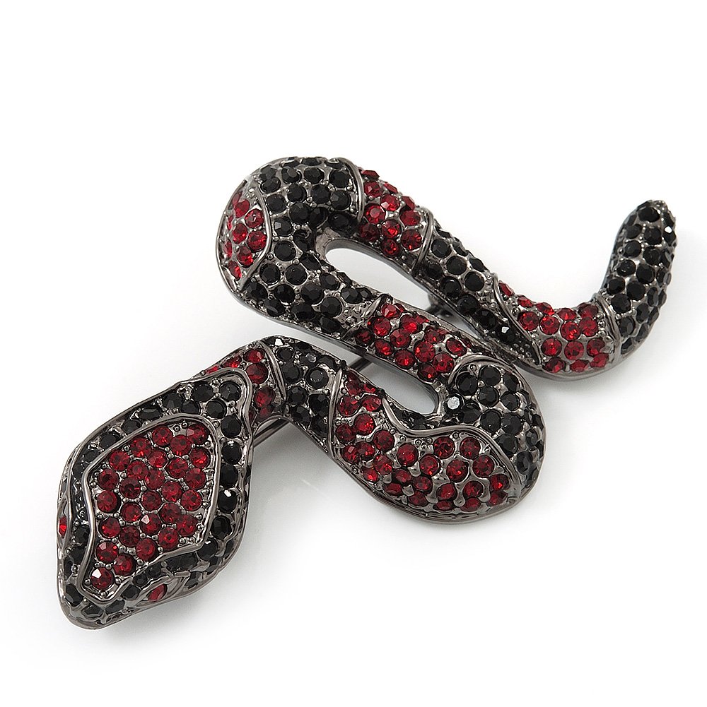 Black/Red Diamante Snake Brooch In Gun Metal Finish