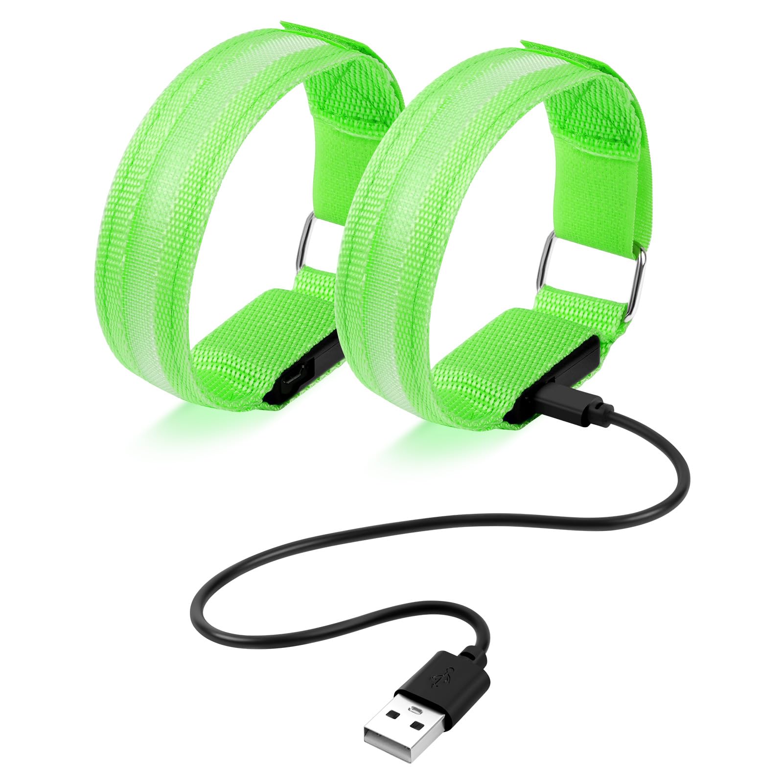 Ainiv 2pcs LED Armband Light, 3 Lighting Modes USB Reflective Band Bracelets, Adjustable Flashing Safety Ankle Armband Slap for Outdoor Jogging Cycling Running Sport (Green)