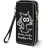 Women's Large Capacity Wallet PU Leather Double Zipper Clutch Purse Multifunctional Wallet with Removable Wristlet Strap for Phone/Coin/Card/Cash, Funny Cat - It's Fine I'm Fine Everything is Fine