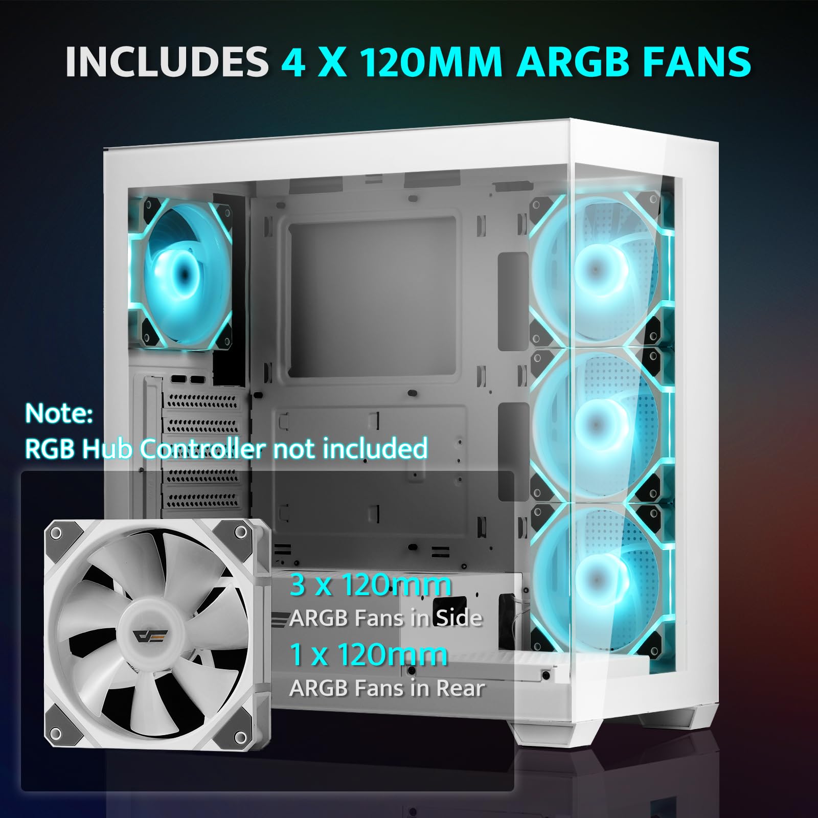 darkFlash ATX Mid-Tower PC Case, Pre-Install 4 PWM ARGB Fans Computer Case, Full View Dual Tempered Glass Gaming PC Case, Type C Port, Supports up to 360mm Water Cooling Radiator,White(DS900)