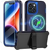 CONWOE Magnetic for iPhone 14 Case,with Belt Clip,[Compatible with Magsafe] W/Tempered Glass Screen Protector,Anti-Drop,Shockproof,Heavy Duty Protection (Dark Blue)